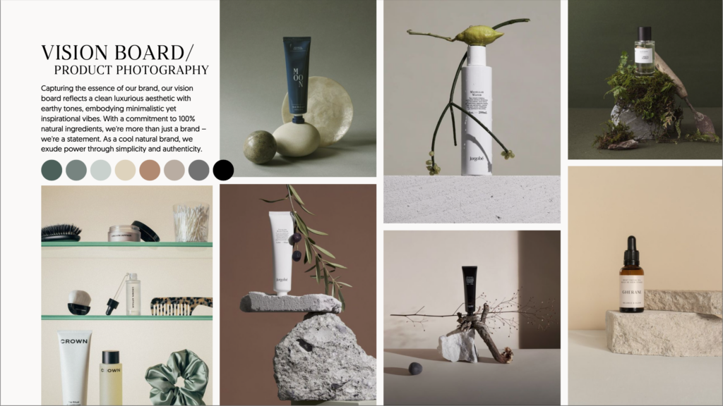 Moodboard with muted tones, showcasing products with natural elements next to them.